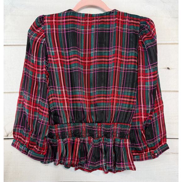 Riley & Rae Sz XS Blouse Plaid Holiday Party Rouched Ruffled‎ - Picture 2 of 5